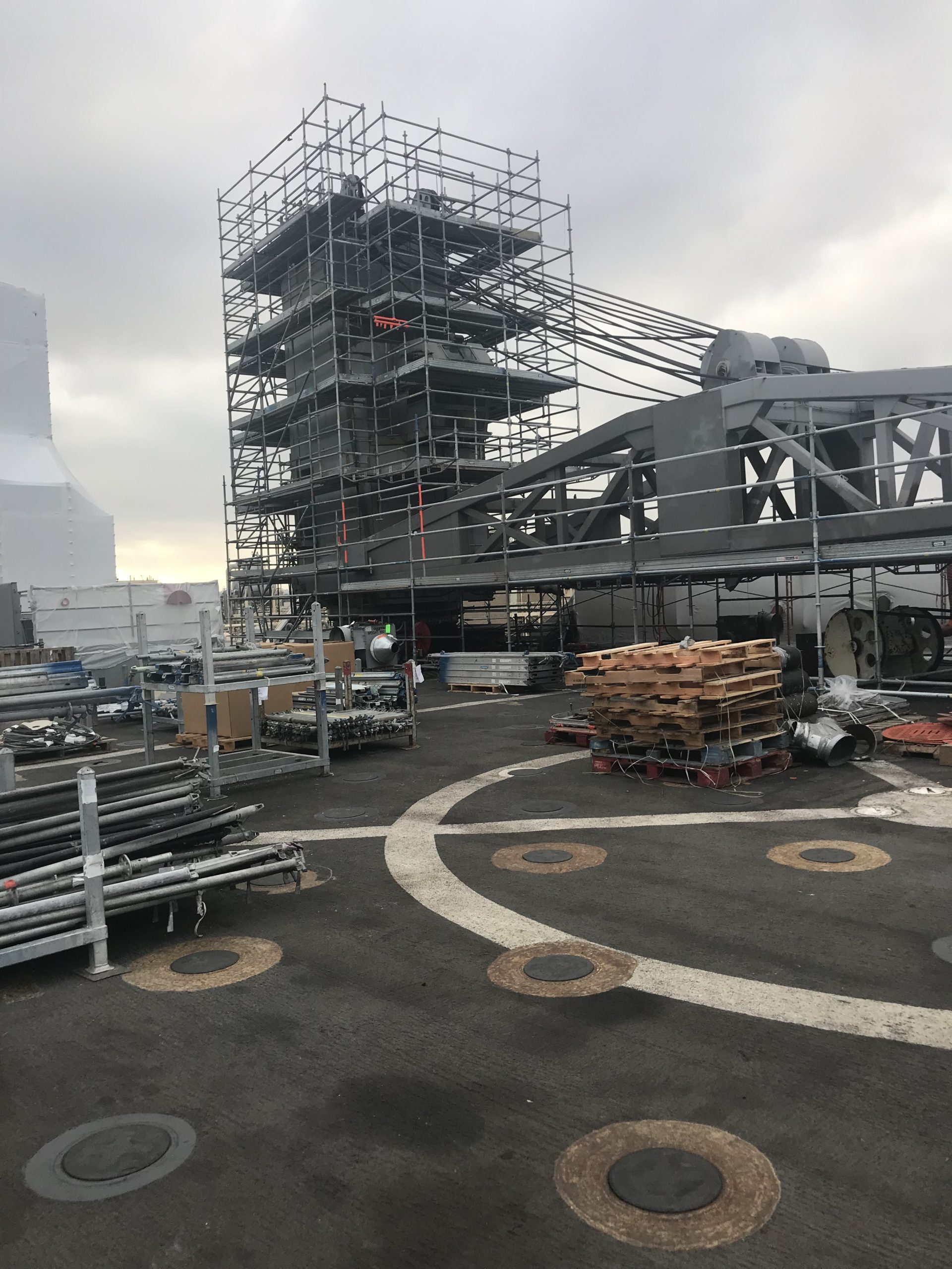 The deck of a ship with a lot of Premier Scaffold.